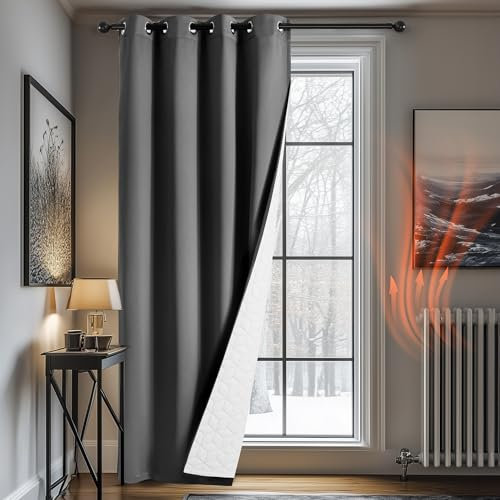 Deconovo Door Curtain Thermal, Blackout Curtain 90 Inch Drop, Eyelet Curtain with Thick Microfiber Liner,2-Layers Windproof Noise Reducing Dark Grey Curtain for Door Living Room, 52x 90, 1 Panel