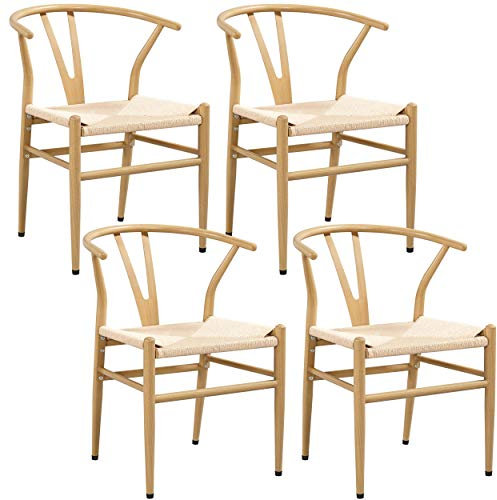 Yaheetech Weave Chair Mid-Century Metal Y-Shaped Accent Chair with Hemp Seat for Kitchen, Dining, Living Room Set of 4 Wood Color