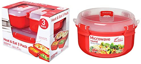 Sistema Heat & Eat Microwave Containers | Red/Clear Stackable Lunch Boxes with Clip-Close Lids | Pack of 3 & Round Bowl | 915 ml BPA-Free