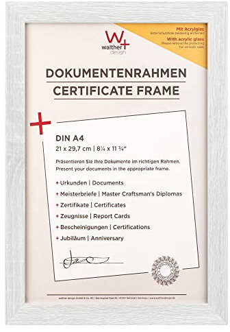 walther design Bilderrahmen weiss 21 x 29,7 cm (DIN A4) mit Kunstglas und Passepartout Fiorito Holzrahmen EFX130W