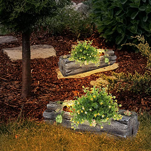 etc-shop Solar Pflanzgefäß Blumentopf Deko Licht für Haus und Garten in Baumstammoptik, grau antik, 1x LED warmweiß, LxH 44,3x13,5 cm, 2er Set
