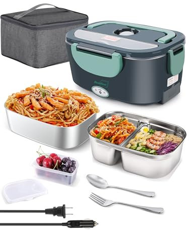 Buddew Lonchera eléctrica de 80 W con doble contenedor, calentador de almuerzo portátil para adultos, lonchera térmica mejorada para coche/camioneta/oficina con tenedor y cuchara SS y bolsa de