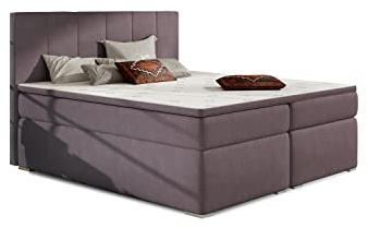 ALTDECOR Boxspringbett mit H3-Matratze (20 cm hoch) mit Bonellfederung + PUR, Topper (5 cm hoch), Polsterbett mit Kopfteil und Bettkasten Candor 160x200 - Lila - Soro 65