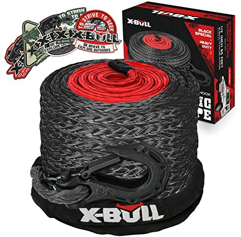 X-Bull Synthetisches Windenseil – Kabel-Set, 1,27 cm x 25,9 m, 14,515 kg, Seilwinde mit Schutzhülle, geschmiedeter Seilwindenhaken, Sicherheitszuggurt für Allradfahrzeuge, LKW, SUV, ATV, UTV, Schwarz