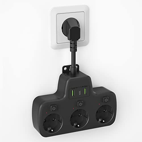 Ciabatta Elettrica con Interruttore,Ciabatta Multipresa con USB C Salvaspaz Presa Multipla 3 Schuko e 3 USB di Ricarica Adattatore Presa Multipresa da Parete Spina Tedesca 0,1m Cavo Corto, Nero
