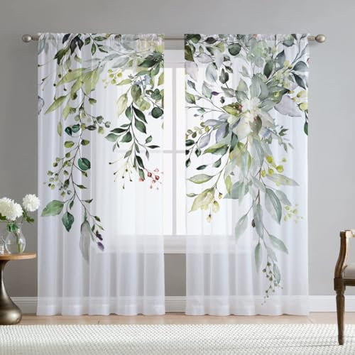 Fereyis Grüne Eukalyptusblätter Vorhänge für Wohnzimmer 243,8 cm Länge 2 Paneele Set Elegant Wild Blume Floral Frühling Bedruckt Fenstervorhang Natur Durchscheinende Chiffon Vorhänge für Schlafzimmer