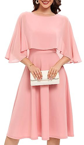 Fynadressr Women Cape Dress with Chiffon Overlay Cocktail Party Wedding Guest Formal Dresses Blush L