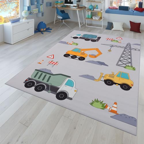 TT Home Kinderteppich Babyzimmer Teppich Kinderzimmer rutschfest Tiere Weltkarte Autos, Farbe:Grau Gelb Creme, Größe:140x200 cm