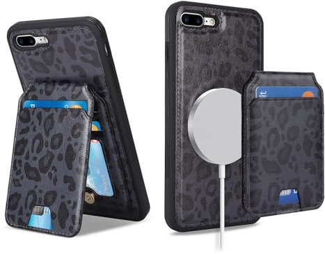 Ｈａｖａｙａ for Coque iPhone 7 Plus Compatible avec Magsafe Etui für iPhone 8 Plus avec Porte Cartes détachable Coque Portefeuille Cuir pour Femmes et Hommes- Imprimé léopard Noir