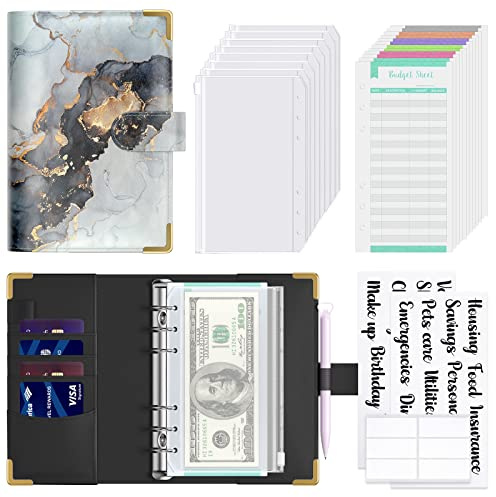 Hnogri Budget Binder with Cash Envelopes, Money Saving Binder, Grey Marble | Zipper Cash Envelopes for Budgeting, PU Leather Budget Planner Money Organizer for Cash Bills, Floral Budget Wallet for Women