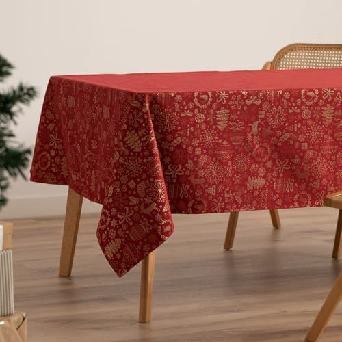 GAMUSI Tischdecke für Weihnachten, Jacquard, Goldfaden, Esstisch, rechteckig, Weihnachtsdekoration, 140 x 200 cm, Rot