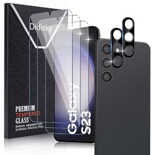 Didisky 3+2 Pack Tempered Glass for Samsung Galaxy S23 5G 6.1'' (Not for Samsung S23 Plus, S23 Ultra), 3 Pack Tempered Glass and 2 Pack Camera Protector Screen Protector, 9H,Easy to Install