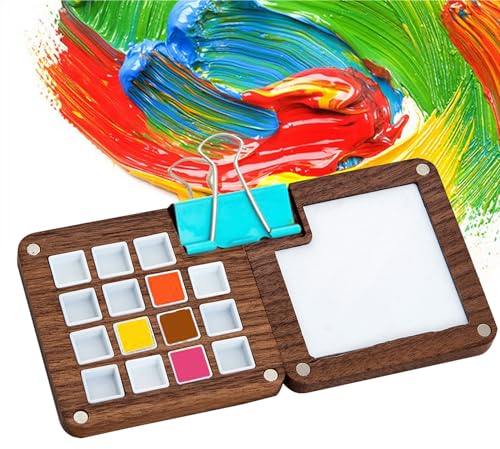 Holzsammlung Portable Sketchbook Palette, Wooden Empty Mini Travel Paint Palette, 15 Grids Magnetic Palette Box Case for Watercolor, Gouache, Acrylic Painting Paint Saver with 15 Grids and 1 Clip