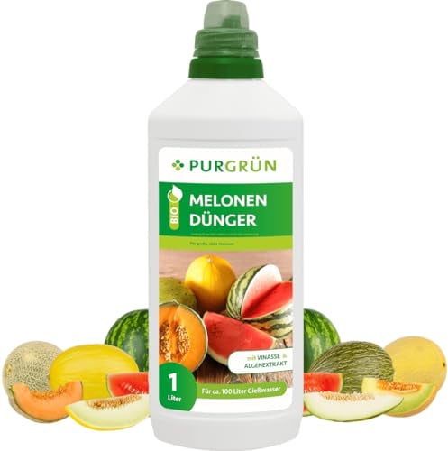 Purgrün® Bio-Melonen-Dünger 1 Liter – Organische Rezeptur – Premium-Flüssigdünger – NPK 4,5+1,5+6,5 – Mit Algenextrakt & Vinasse – Extra Kalium für große, süße Melonen – Ohne tierische Inhaltsstoffe