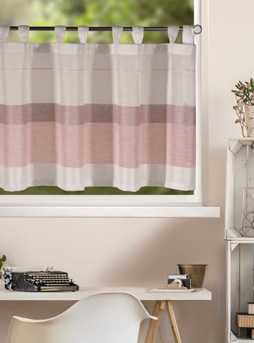 KAMACA Bistrogardine mit Schlaufen Panneau Scheibengardine Küchengardine Kurzstore transparent Küche Schlaufenpanneau Voile ganzjährig (HxB 45x140 cm Aurelia rosa)