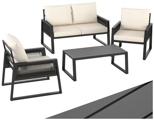 tectake® Rope Design Lounge Möbel Set für Garten oder Balkon, Outdoor Sitzgruppe Terrassenmöbel mit 2X Sessel, 1x Sofa, 1x Tisch in Holz Optik, inkl. Gartenmöbel-Kissen, wetterfest, 405059