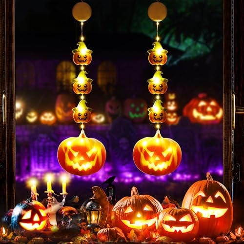 Halloween Deko Fenster Lichter, BrizLabs 2 Stück LED Innen Herbstdeko Kürbis Lichterkette Hängende Fensterlichter Batterie mit Saugnapf Weihnachtsbeleuchtung für Garten Terrasse Balkon Party Bäume Tür