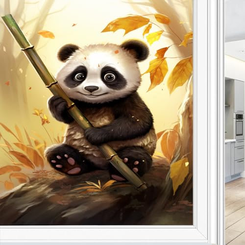Aquarell Vintage Panda Sichtschutz Fensterfolie Herbst Tier Blatt Bambus Statisch Haftende Fensterfolie Home Fenster Glas Dekorative Türabdeckung Sonne Blockierung 45 x 60 cm