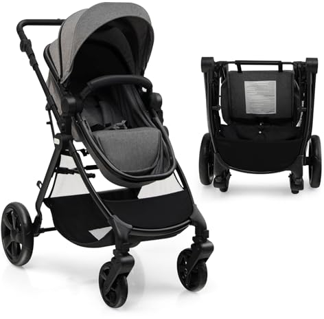 GOPLUS 3 in 1 Kinderwagen klappbar, Kinderbuggy mit umkehrbarem Sitz, verstellbarem Verdeck, 5-Punkt-Gurt, Getränkehalter, Babywagen Reisewagen mit Aufbewahrungskorb, grau