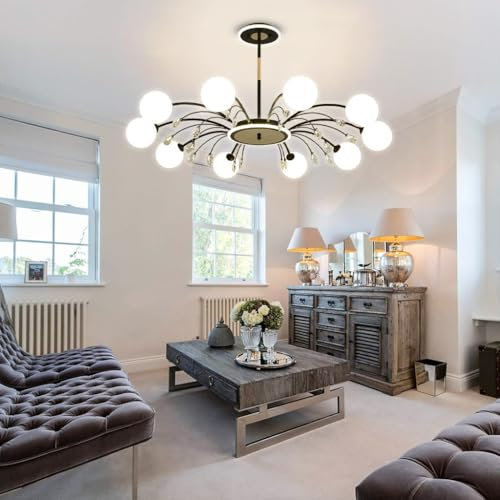 LYSDjia Lustre Spoutnik doré moderne du milieu du siècle luminaire de plafond décoration en cristal suspension avec abat-jour en verre blanc lait pour salon cuisine chambre à coucher salle à manger et