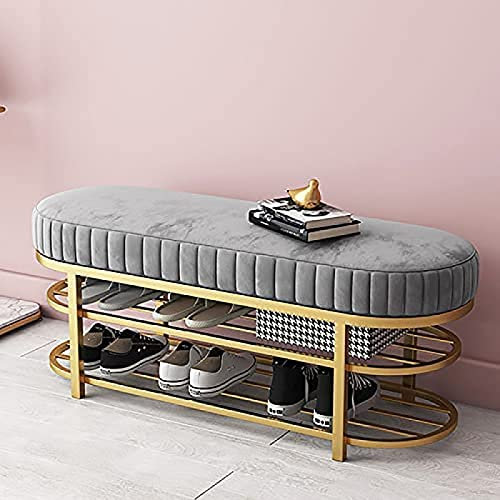 CVERTHAF Banc D'entrée Confortable en Velours, Banc De Rangement De Chaussures De Siège De Bech Moderne Avec Étagère À Chaussures Dorée À 2 Niveaux, Couloir Premium,Grau,60X32X43Cm(24X13X17Inch)