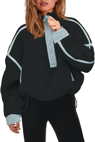 Panadila Womens Half Zip Sherpa Fleece Pullover Soft Oversized Sweatshirt with Pockets Warm Fuzzy Sweater, Black Combo, XL