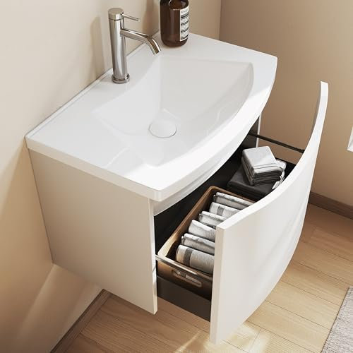 BRIDGE BENO Badezimmerschrank 60 cm mit Mineralguss-Waschbecken – Moderner Badmöbel mit Sanftschließenden Schubladen, Wasserdicht & Platzsparend, Integrierter Stauraum (Matt Weiß)