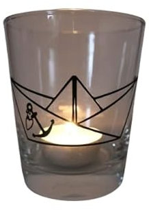 Teelicht Glas Windlicht Tischlicht Print schwarz mit Boot mit Anker Herbst Handmade Unikat Maritim Geburtstag Ostern Muttertaggeschenk, Höhe 9cm,