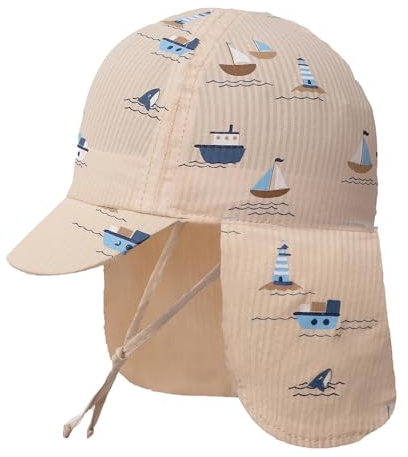 Gifts Treat Sombrero de Sol 100% algodón,Sombreros de Playa con protección para el Cuello,Esenciales de Playa para niños,Barcos Marrones,1-3 años