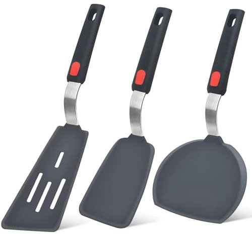 AVEKI Silicone Spatula Turner Set, 3 Piece 446°F Heat Resistant Kitchen Utensils Set with Ergonomic Handle, BPA Free Cooking Spatulas for Nonstick Cookware, Dishwasher Safe (Black)