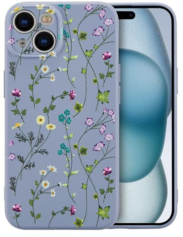 RALEAVO Fleurs Coque pour iPhone 15 Plus Coque, Liquid Silicone Coque Protection Bumper Anti-Chocs Coque Cover Mignonne Fleur Housse Etui Souple pour iPhone 15 Plus 6,7 Pouces, Gris