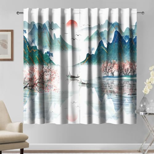 Kzzfqxb 117x138cm 2 Pannelli Tende Pittura Cinese, Alba Uccelli Montagne Fiume Barche Fiori di Pesco Paesaggio Primaverile Disegno Drappeggiate per Finestre per Soggiorno Camera da Letto