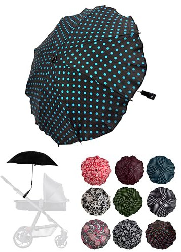 Sonnenschutz universal [Sonnenschirm für Kinderwagen] Buggy UV Schutz 50+ mit Universalhalterung biegsamer Schirm für Rund- und Ovalrohre verstellbar (schwarz-blau- Punklte)