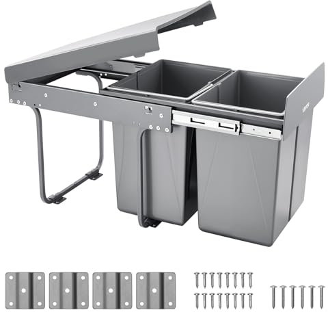VEVOR Pullout Trash Can for Kitchen Cabinets, 20Lx2 Double Under Sink Garbage Waste Recycling Bin, Under Mount Waste Container, with Heavy Duty Metal Full Extension Sliding System and Handle