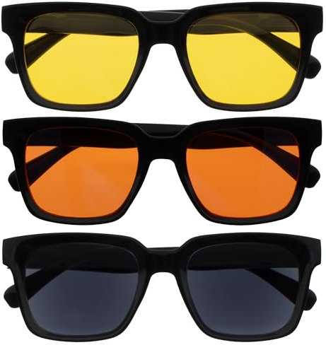 OPULIZE ERA Lunettes de soleil femme et homme - Verres Jaunes/Orange/Noirs - Lot de 3 - Anti-éblouissement Anti-Reflet - Lunettes de soleil polarisées UV400 - Lunettes surdimensionnées - Noir