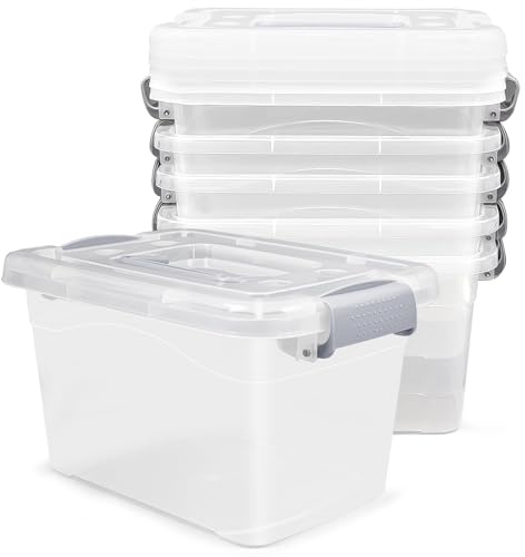 TESIN 6 Stück 10L Kunststoff Aufbewahrungsbox mit Deckel, 27 x 20 x 16,5 cm Stapelbare transparente Aufbewahrungsbehälter mit Verschlussgriff, Vielseitige Ordnungsbox für Haushalt, Büro und Zubehör