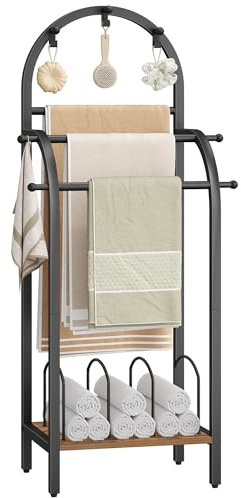 Hzuaneri Scala Porta Asciugamani a 4 Ripiani con Ganci, Scaffale a Pioli Stile Vintage Industriale per Bagno, Camera da Letto, Soggiorno, 125,5 cm Organizzatore con Divisori, Nero e Marrone TR00101B