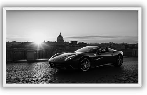 MJ-GRAPHICS® Poster Ferrari Bild Rom 90x45cm – Sportwagen Auto Wandbild Italien Skyline Sonnenaufgang Deko Kunstdruck Wohnzimmer Büro Schlafzimmer Wanddeko schwarz modern OHNE RAHMEN