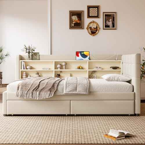 Moimhear Daybed 90x200cm with Storage & USB Charging | Sofa Bed with 2 Drawers, Multiple Shelves, Slatted Base, Linen Fabric, (Mattress Not Included) (beige)