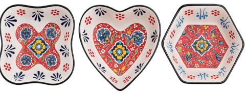 JRose Collections Set of 3 Handmade Turkish Ceramic Bowls – Mini Dip & Snack Dishes – Assorted Shapes – Colourful Floral Patterns – Serving Bowls for Sauces, Nuts, Chutneys, Olives T1