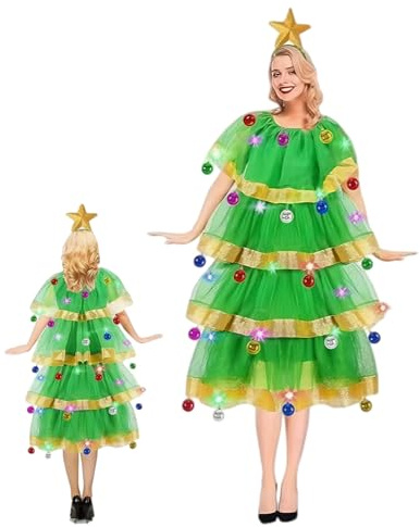 Comebachome Christmas Tree Costume for Women, Funny Christmas Tree Tulle Dress with Star Headband, String Lights & Balls for Cosplay