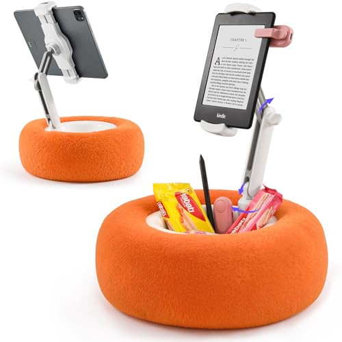 XAOVUIR Tablet Kindle Pillow Stand for Bed, Adjustable Kindle Holder Pillow With Snack Bowl Soft Plush Fabric, Compatible With 4.7-13 Tablet/Kindle/iPad/Phone/Switch, Orange