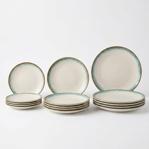 SANTA CLARA | Vajilla Completa 12 Piezas Cerámica Stoneware Verde para 4 Personas, Apta Microondas y Lavavajillas, Vajilla Marin con Filo Reactivo para Hogar y Cocina