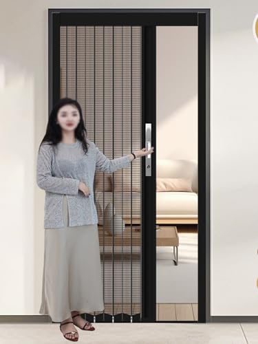 Front Door Screen Door Retractable Customizable, Metal Mesh Fly Screen Door with Lock and Keys, Folding Sliding Temporary Door for Patio Cat Proof(Black Frame,130x203cm)