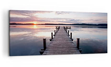 Wandbilder Dekoration Wohnzimmer Fußgängerbrücke See Sonnenuntergang Abend Bilder auf Leinwand 120x50cm Leinwandbild Schlafzimmer Wand Kunstdruck Art Groß Wanddeko Bild Wall Decor Canvas AB120x50-2635