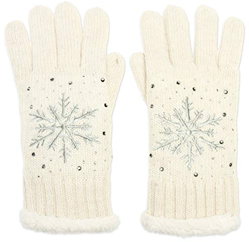 Caspar GLV009 warm gefütterte Damen Strick Handschuhe mit gesticktem Eiskristall und dezentem Strass, Farbe:wollweiß, Größe:One Size