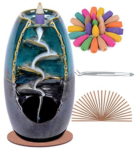 SPACEKEEPER Ceramic Backflow Incense Holder Waterfall Incense Burner, Aromatherapy Ornament Home Decor with 120 Backflow Incense Cones + 30 Incense Stick , Blue Set
