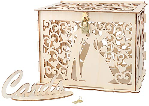 Boîte à Cartes de Mariage en Bois avec Serrure Boîtes à Cadeaux pour Réception Bébé Douche, Anniversaire, Fête,