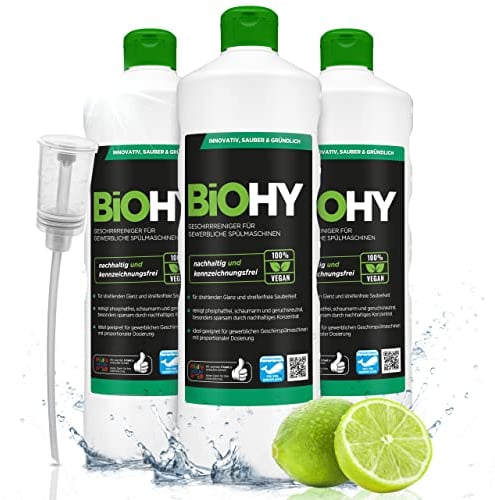 BiOHY Détergent pour lave vaisselle (3 x 1l Bouteille) + Distributeur | SANS PHOSPHATES concentré pour la gastronomie | brillance grâce à une formule exceptionnelle (Geschirrreiniger)