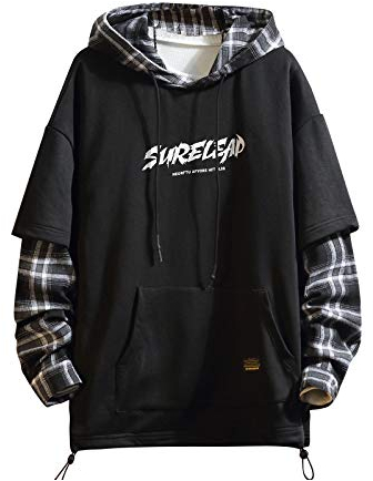 GURUNVANI Japan Style Patchwork-Hoodies für Herren, Characters, Streetwear, Hoodie, Herren-Sweatshirt - Schwarz - Small